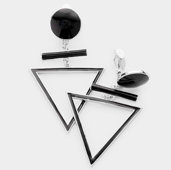 S22020E Jewelry - Silver and Black Triangle Clip On Dangle Earrings